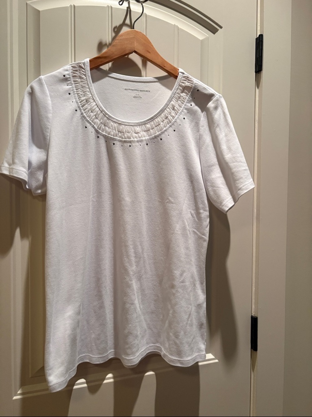 White Short-Sleeve Scoop Neck Tee with Stud Detail